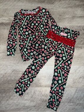 Ruffle Butts Green Red Mint Candy Cane Print Pajama Set
